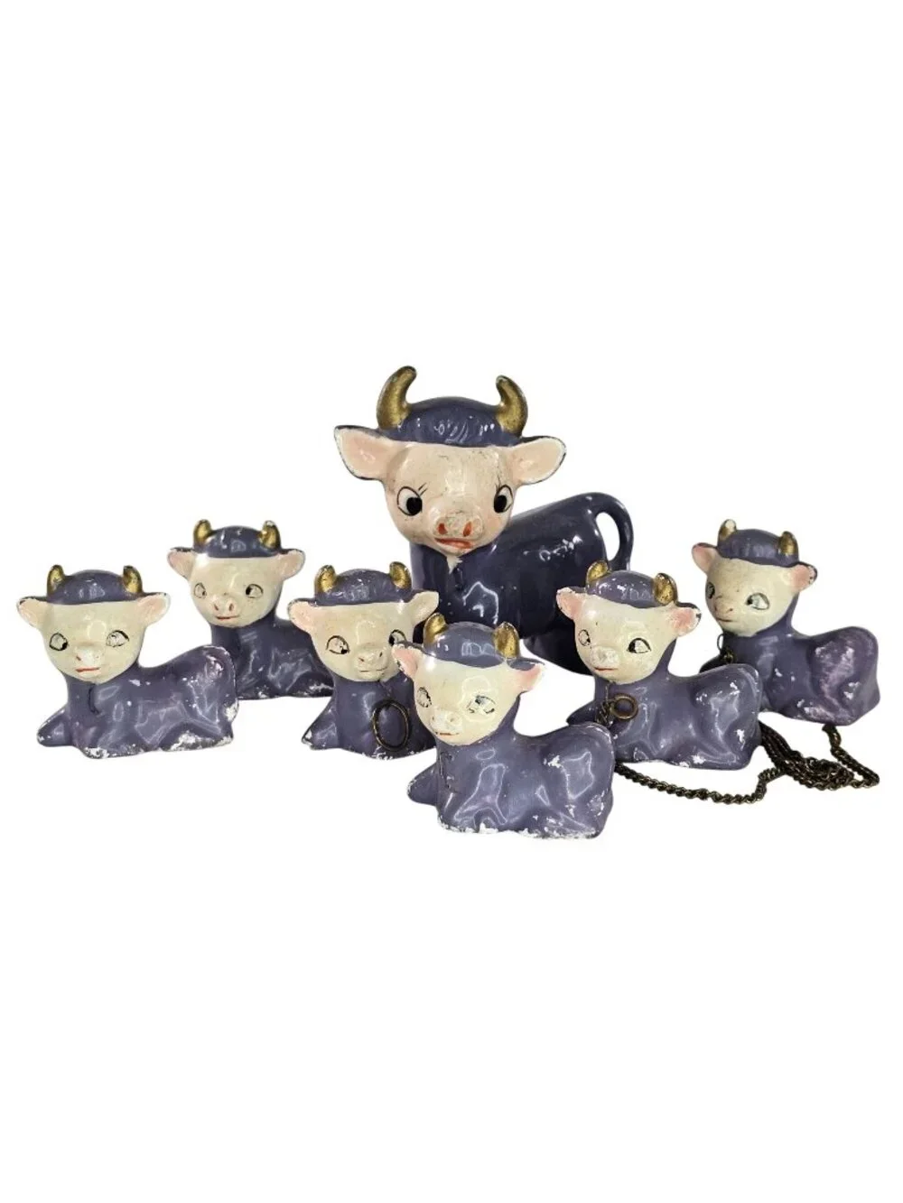 Miniature Purple Cow Calves Lot Vintage Japan 1950 Ceramic 7 Piece Lot Kitschy